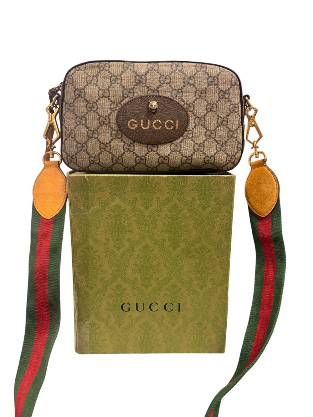 Gucci Brown Beige GG Supreme Canvas Crossbody with Green-Red Strap